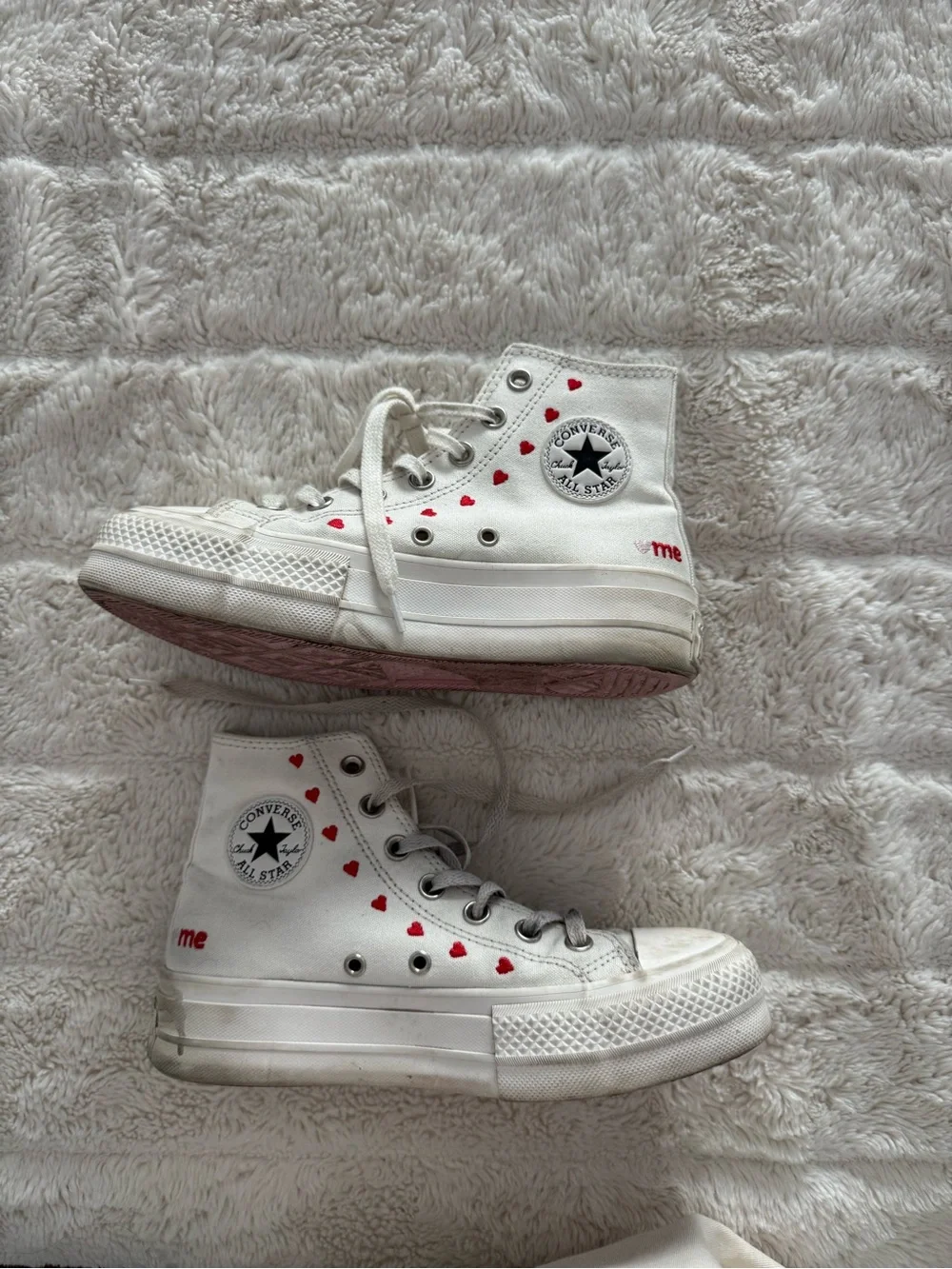 Converse White High Top Sneakers with Red Heart Accents